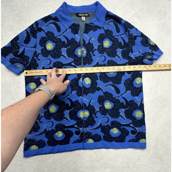 Urban Outfitters Mens Size M Floral Knit Short Sleeve Button Down Blue Yellow - Picture 4 of 7